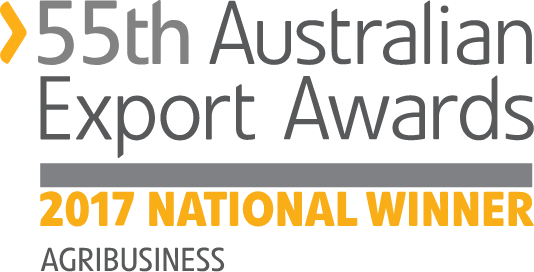 A logo, which begins with a yellow arrow pointing to the right, towards the words 55th Australian Export Awards, underlined by a thick grey line. Yellow words read: 2017 National Winner Agribusiness