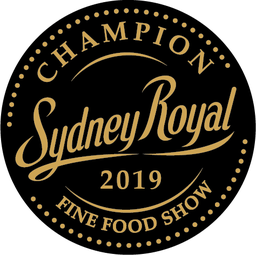 A black circle with gold text, reading: 2019 Sydney Royal Fine Food Show - Champion