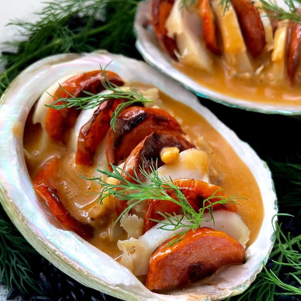 Greenlip abalone, chorizo, roast crab and prawn sauce