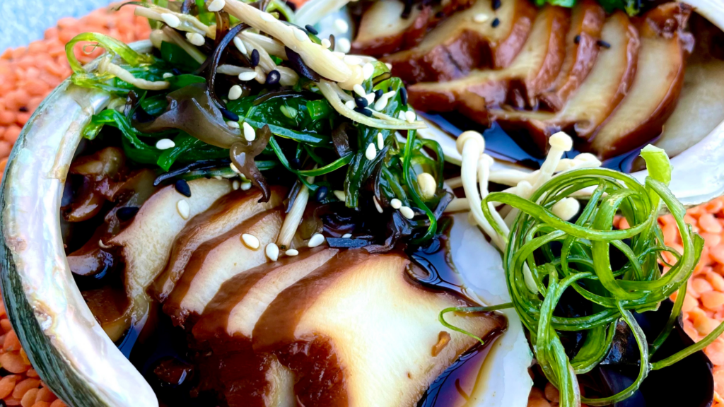 Yumbah Greenlip Abalone with Masterstock and Pickled Mushroom and Seaweed Salad