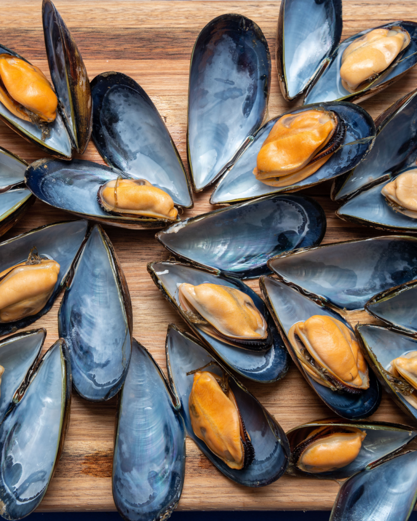 Yumbah Aquaculture Australian Blue Mussels with shells open on a wooden tabletop.