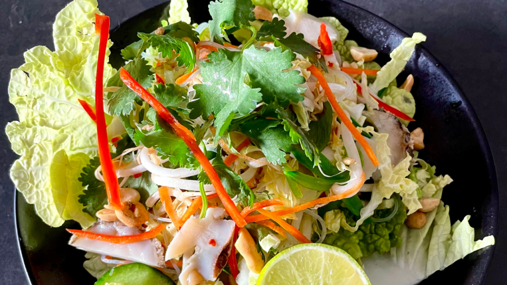 Yumbah Aquavide Abalone Vietnamese Noodle Salad with wedge of lime